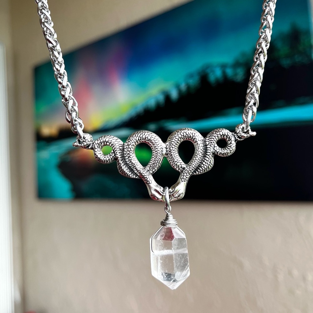Natural Crystal quartz & snake charm stainless steel chain necklace goth celtic. - Picture 2 of 10
